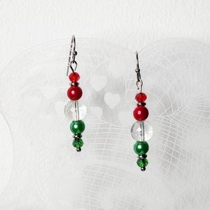 Handmade Christmas Red & Green Dangle Pearls & Crystals Earrings